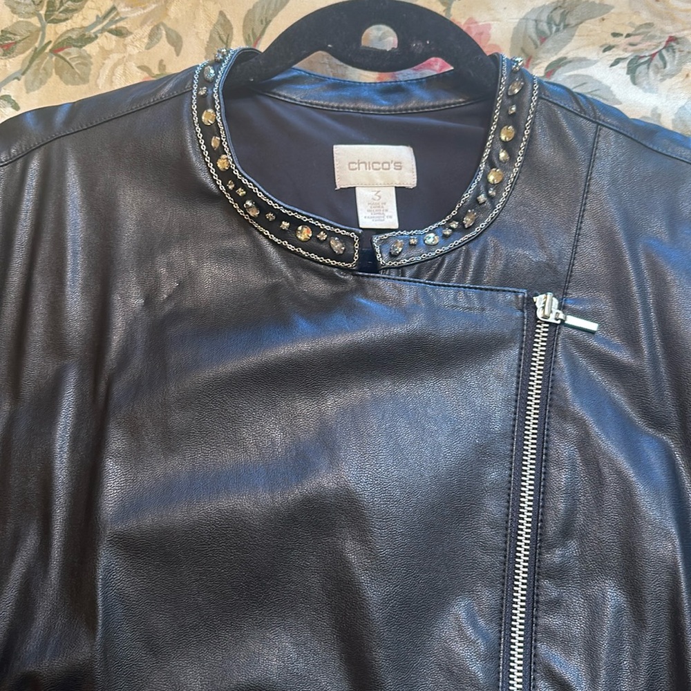 Fun Chico’s Moto faux leather black jacket with jeweled collar — Size 3